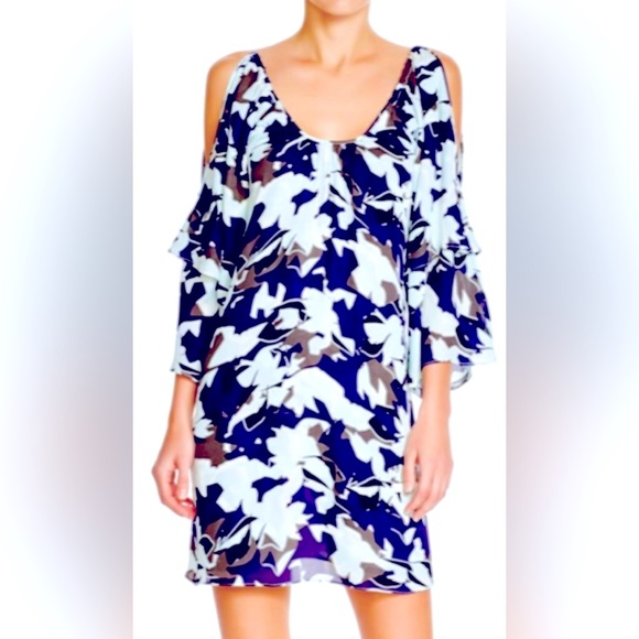 Parker Agave Indigo Floral Cold Shoulder Bell Sleeve Silk Mini Dress/Tunic Top - Picture 1 of 7